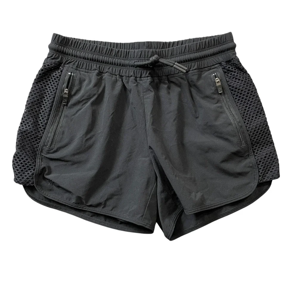 Athleta Girl XL 14 Black Athletic Shorts Mesh Trim Pockets Elastic Waist